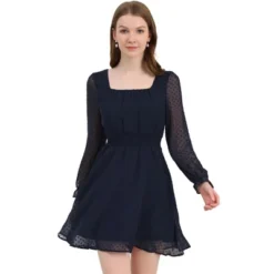 Allegra K Women's Swiss Dots Puff Square Neck Smocked Waist Chiffon Dress -Best Clothing Store GUEST e20a0a4b 19bb 423e 94b5 0de16de2938b