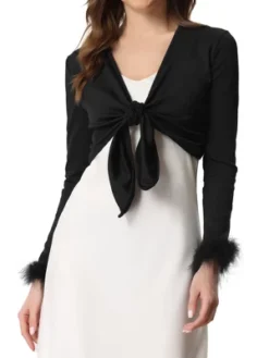 Allegra K Women's Tie Front Long Sleeve Faux Feather Cuff Open Navel Cardigan -Best Clothing Store GUEST e2105fab 889a 4886 86f3 6cc649a8ca07