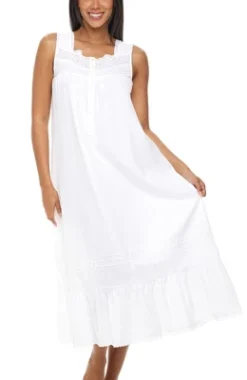 Women's Cotton Victorian Nightgown, Gwendoline Sleeveless Lace Trimmed Button Up Long Vintage Night Dress Gown -Best Clothing Store GUEST e2ca0737 70ad 4534 ac52 889f3e923211