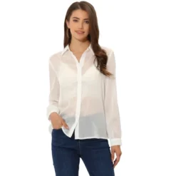 Allegra K Women's Sheer Mesh Long Sleeve Button Down Shirts -Best Clothing Store GUEST e50bea21 4ee7 4440 b72d 2d02db8e0d66