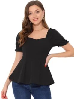 Allegra K Women's Sweetheart Neck Blouse Puff Ruffle Sleeve Elegant Peplum Top -Best Clothing Store GUEST e57a120b eeaa 4f1e ad33 c6294cdb20dc