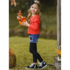 Girls Hello Pumpkin Top, Patched Denim Shorts & Legging Set Mia Belle Girls, Orange, 10 -Best Clothing Store GUEST e610206a 8b4c 42b3 a407 369f3f6a1606