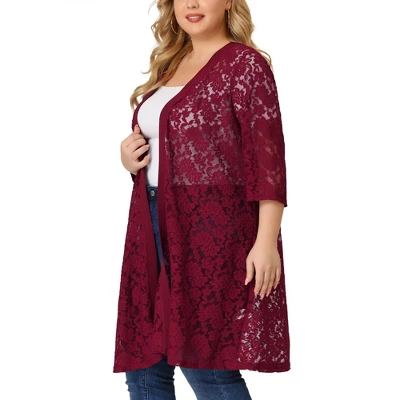 Agnes Orinda Women's Plus Size Lace Open Front 3/4 Sleeve Long Cardigans 8 Agnes Orinda Women's Plus Size Lace Open Front 3/4 Sleeve Long Cardigans - Image 6