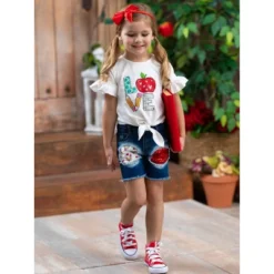 Girls Love To Learn Patched Denim Shorts Set - Mia Belle Girls -Best Clothing Store GUEST e73f1279 1a6f 4d72 861f 5ad0a2510974