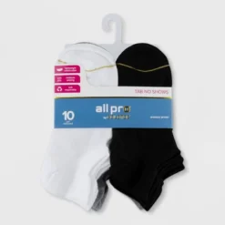 All Pro Women's Lightweight 10pk No Show Tab Socks - White/Gray/Black 5-10