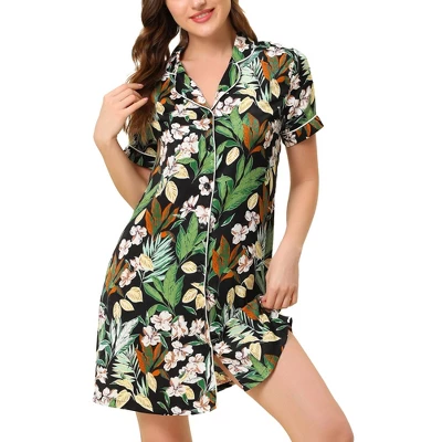 Cheibear Womens Nightgown Pajama Satin Sleepshirt Button Down Floral Lounge Shirt Dress 7 Cheibear Womens Nightgown Pajama Satin Sleepshirt Button Down Floral Lounge Shirt Dress - Image 5