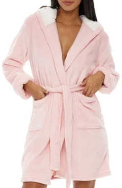 Women's Classic Plush Hooded Robe, Short Fleece Bathrobe With Hood -Best Clothing Store GUEST ebcc9e9c a629 4f8b 92d3 b3222de6de70