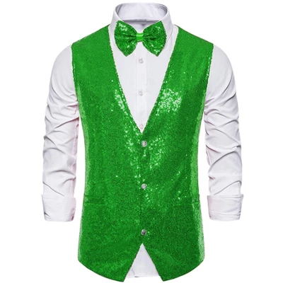 Lars Amadeus Men's Sequin Shiny Slim Fit Sleeveless Vest Suit Waistcoat Set With Bow Tie 14 Lars Amadeus Men's Sequin Shiny Slim Fit Sleeveless Vest Suit Waistcoat Set With Bow Tie - Image 12