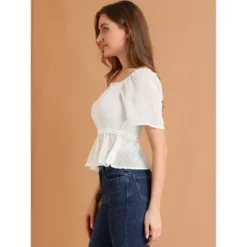 Allegra K Women's Smocked Square Neck Semi-Sheer Ruffle Summer Swiss Dots Blouse -Best Clothing Store GUEST f24f18a7 aec1 47e8 bc67 81f328e90735