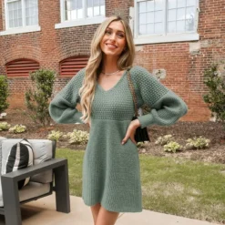 Women's Honeycomb Knit V-Neck Mini Sweater Dress - Cupshe -Best Clothing Store GUEST f4722d74 b047 4367 90a5 f429dc0e7c1c