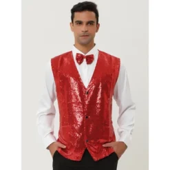Lars Amadeus Men's Sequin Shiny Slim Fit Sleeveless Vest Suit Waistcoat Set With Bow Tie
