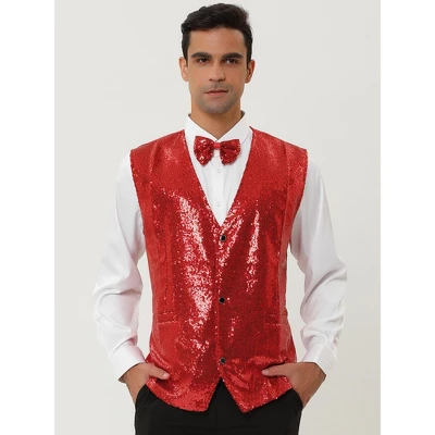 Lars Amadeus Men's Sequin Shiny Slim Fit Sleeveless Vest Suit Waistcoat Set With Bow Tie 3 Lars Amadeus Men's Sequin Shiny Slim Fit Sleeveless Vest Suit Waistcoat Set With Bow Tie
