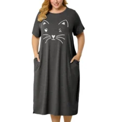 Agnes Orinda Womens Plus Size Short Sleeve Cute Cat Print Pockets Nightgown -Best Clothing Store GUEST f65619a5 8d65 4746 99e4 8c3c05b9eed0
