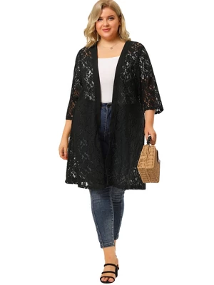 Agnes Orinda Women's Plus Size Lace Open Front 3/4 Sleeve Long Cardigans 4 Agnes Orinda Women's Plus Size Lace Open Front 3/4 Sleeve Long Cardigans - Image 2