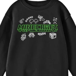 Minecraft Doodle Logo Crew Neck Long Sleeve Black Youth Sweatshirt