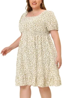 Agnes Orinda Women's Plus Size Ruffle Hem Smocked Waist Floral MIdi Shirt Dress -Best Clothing Store GUEST f98b0694 88db 45d3 9fba 371c632375e0