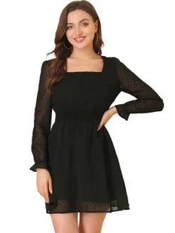 Allegra K Women's Swiss Dots Puff Square Neck Smocked Waist Chiffon Dress -Best Clothing Store GUEST fd3cdee9 b207 429a 9c98 de8142bc1c65